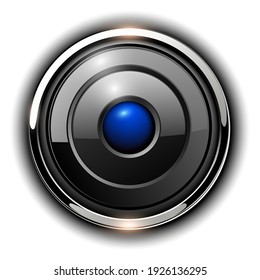 Glossy 3D button, silver chrome metallic with blue inside, vector shiny icon.