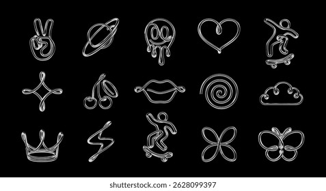Glossy 3D chrome elements in Y2K style. Abstract metallic line icons including heart, crown, cloud, star, cherry, planet, and smiling face. Futuristic digital collection isolated on black
