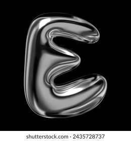 Glossy 3D chrome letter E of English alphabet, Y2K retro futuristic inflated balloon bubble typeface font, fluid liquid metal with shiny surface, vector isolated