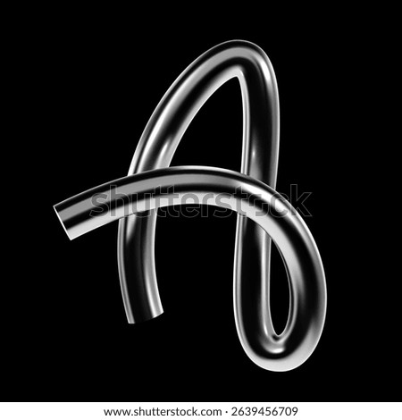Glossy 3D chrome letter A with fluid metallic curves and reflective surface. Decorative vector type in futuristic techno style