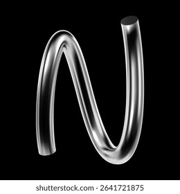 Glossy 3D chrome letter N with curved metallic line and reflective surface. Decorative symbol in futuristic Y2K style for modern typography and design