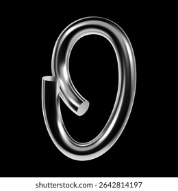 Glossy 3D chrome letter O with curved tubular line in Y2K techno style. Futuristic metallic type with smooth surface and reflective gradient