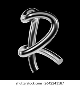 Glossy 3D chrome letter R with twisted metallic line and reflective surface. Futuristic Y2K typeface element for digital design and typography