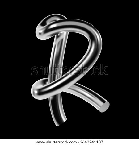 Glossy 3D chrome letter R with twisted metallic line and reflective surface. Futuristic Y2K typeface element for digital design and typography