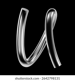 Glossy 3D chrome letter U with metallic tubular shape and twisted stroke. Stylized silver alphabet symbol in Y2K futuristic digital style for modern typography