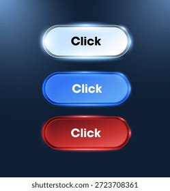 Botones Hacer clic 3D brillantes en blanco, azul y rojo con brillo de neón sobre fondo oscuro para ui y Diseño web modernos. Interfaz de usuario de Vector 3D
