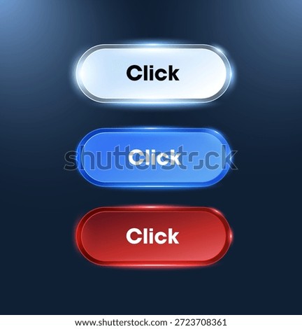 Glossy 3d click buttons set in white, blue, and red with neon glow on dark background for modern ui and web design. 3d vector UI