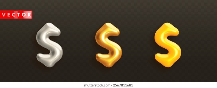 Glossy 3d dollar icons in realistic style. Gold, silver and yellow dollars isolated on transparent dark background. Usd currency symbol. Sign of finance, investments and savings. Vector illustration