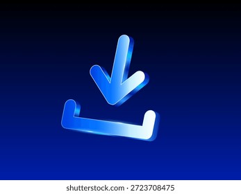 Icono de Descarga 3D brillante con flecha hacia abajo y bandeja en degradado azul sobre fondo oscuro, perfecto para Elementos de interfaz de App y Web. Interfaz de usuario de Vector 3D