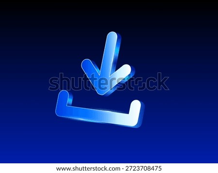 glossy 3d download icon with down arrow and tray in blue gradient on dark background, perfect for app and web interface elements. 3d vector UI