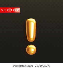 Glossy 3d exclamation mark icon in realistic style. Golden exclamation sign isolated on transparent black background. Symbol for alert, error, info, warning notification concept. Vector illustration