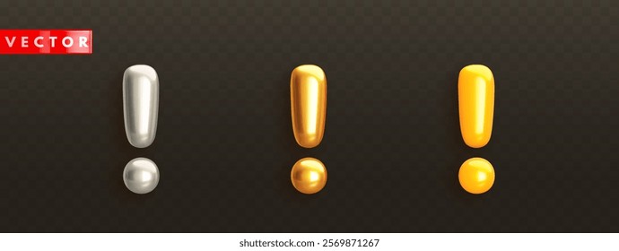 Glossy 3d exclamation mark icons in realistic style. Gold, silver and yellow exclamation sign on black background. Symbol for alert, error, info and warning notification concept. Vector illustration