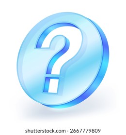 Símbolo brillante del signo de interrogación del vidrio 3D en color azul, aislado en el fondo blanco. Elemento de diseño moderno para ayuda, preguntas frecuentes, Asistencia o conceptos de información.