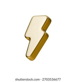 Ícone de relâmpago brilhante 3D dourado com superfície metálica lisa. símbolo de parafuso dourado brilhante mostrando energia e potência. Perfeito para elementos de design elétrico, relâmpago, trovão e tecnologia
