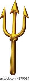 A glossy 3D golden trident of the devil, Neptune, or Poseidon. Demonic pitchfork. Halloween theme, element of fantasy character equipment. Game attribute. Vector. Plastic style. Icon.