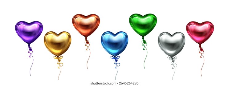 Glossy 3d heart balloons floating with ribbons - metallic collection of shiny romantic decorations for valentine celebration, party or wedding. Colorful inflatable love symbols on white background.