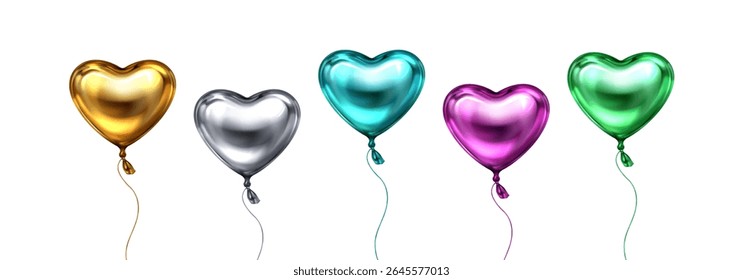 Glossy 3d heart balloons floating with ribbons - metallic collection of shiny romantic decorations for valentine celebration, party or wedding. Colorful inflatable love symbols on white background.