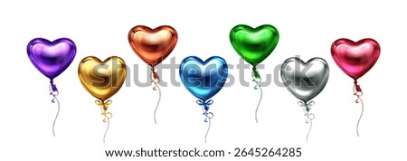 Glossy 3d heart balloons floating with ribbons - metallic collection of shiny romantic decorations for valentine celebration, party or wedding. Colorful inflatable love symbols on white background.