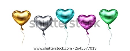 Glossy 3d heart balloons floating with ribbons - metallic collection of shiny romantic decorations for valentine celebration, party or wedding. Colorful inflatable love symbols on white background.