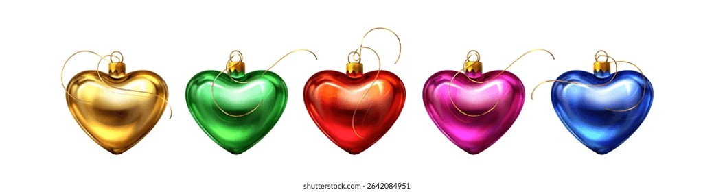 Glossy 3d heart bauble balloon collection. Metallic shiny ornaments in festive colors with golden strings for Valentine Day decorations, Christmas tree ornaments, romantic holiday greeting card.