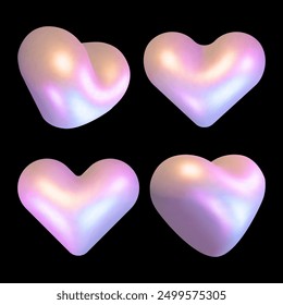 Glossy 3D Heart in different positions holographic colors.Vector realistic Clipart 3D Love Heart shapes on isolated black background.Valentines collection