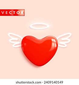 Glossy 3d heart icon realistic style. Red cartoon heart with white neon wings for light backgrounds. Love symbol for greeting cards, banners for Valentine's Day. Vector illustration