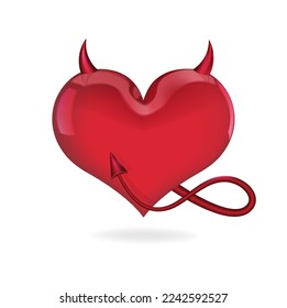 Glossy 3d heart. Red heart, devil horns and tail. 3d vector graphics