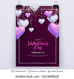 Glossy 3D hearts and greeting text. Easy to edit vector background. Holiday card design.