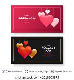 Glossy 3D hearts and greeting text. Pair of vector banners for St.Valentines Day. Holiday card design.