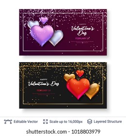 Glossy 3D hearts and greeting text. Pair of vector banners for St.Valentines Day. Holiday card design.