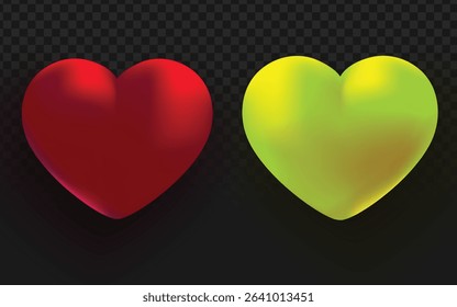 Glossy 3D hearts in red and lime green, perfect for Valentine's designs, love-themed branding, or vibrant social media graphics. Soft shadows add depth.