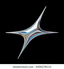 Glossy 3D holographic Y2K style star, shining chrome metallic shape for modern futuristic design. Isolated vector element