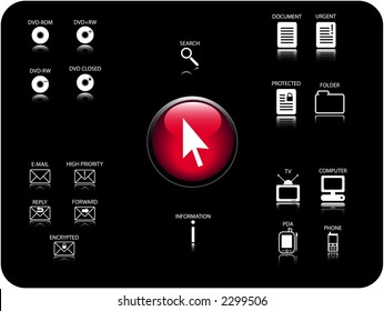 Glossy 3D icon and various other icons with reflection. Theme: Email, DVD, electronics and documents.