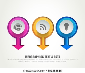 Glossy 3D infographic arrows with web symbols on white background for Business concept.