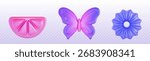 Glossy 3d jelly shape collection with pink citrus slice, gradient butterfly and blue flower for decorative designs or UI elements. Translucent soft candy forms. Playful icons for apps or stickers