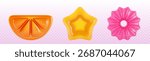 Glossy 3d jelly shape set with orange slice, yellow star and pink flower for candy design. Translucent gummy forms on transparent background. Colorful sweet treats and fruity confectionery elements.
