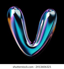 Glossy 3D letter V with holographic finish. Y2K balloon bubble font in iridescent liquid metal. Isolated vector render for contemporary retro-futuristic design