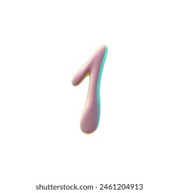 Glossy 3D number 1 with liquid iridescent holographic font, pink color. Y2K style vector illustration suitable for dynamic web and print layouts on an isolated background.