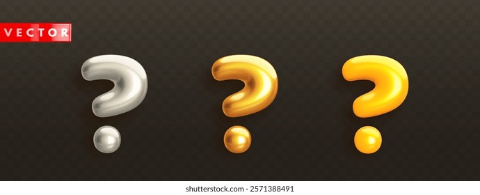 Glossy 3d question mark icons in realistic style. Gold, silver and yellow question sign on black background. Symbol for faq, solution problem, support, help. Vector illustration