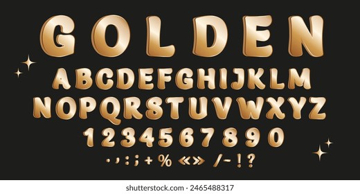Glossy 3D realistic y2k alphabet, luxurious gold font, metallic design of English alphabet letters in retro style 2000s, 80s, 90s. Realistic vector illustration 