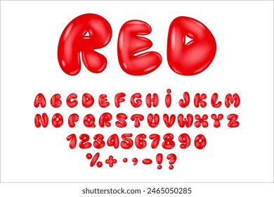 Glossy 3D red bubble font in Y2K style. Trendy font with glossy plastic effect. Alphabet, Numbers, Punctuation Marks, Currency Marks, Stickers. Fonts voluminous inflated from balloon.