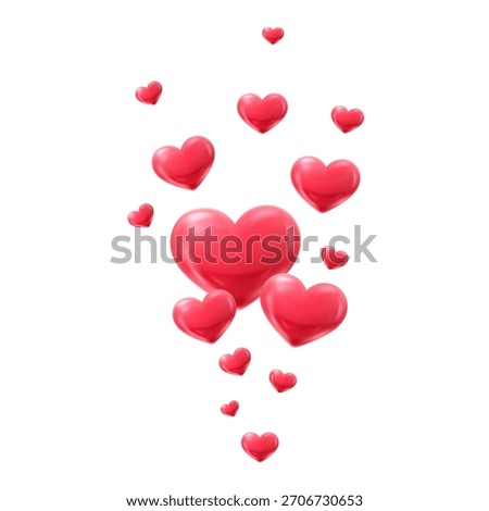 Glossy 3D red hearts flying on white background, romantic Valentine Day decoration, love cards, banners, likes