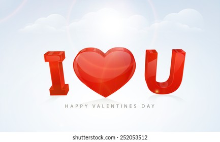 Glossy 3D red text I Love You with heart shape on cloudy background for Happy Valentines Day celebrations.