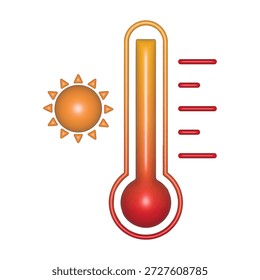 Termómetro rojo brillante 3D con Vector solar. Icono de temperatura caliente para el Clima de verano. Símbolo de ola de calor, calentamiento global, fiebre, cambio climático, meteorología y alta escala celsius.