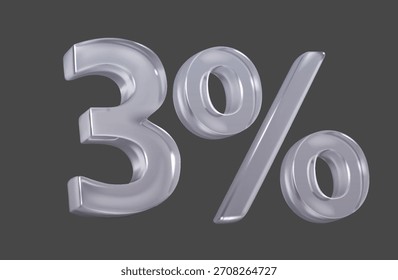 Representación 3D brillante del símbolo del 3 por ciento con superficies reflectantes lisas. Estilo minimalista moderno con Formas claras sobre un fondo gris oscuro.