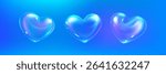 Glossy 3d soap heart bubbles floating on blue background - transparent iridescent shapes with reflective surfaces. Romantic Valentine elements for beauty products, love cards or dreamy digital art.