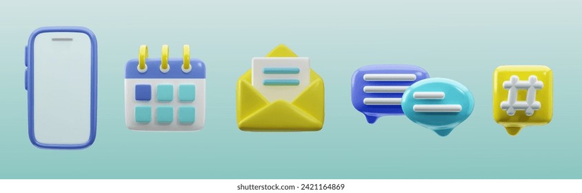 Glossy 3D social communication vector icon set. Phone, email, calendar and speak bubbles. Stylize concept for conversation, dialogue, messenger or online support. Render office symbol for desktop