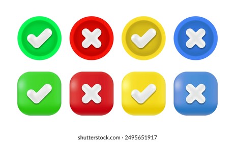 Iconos brillantes 3D cuadrados y redondos de la marca de verificación, de la marca y de la cruz. Aceptación, rechazo y Botón y símbolos de atención para interfaces de usuario. Ilustración vectorial.