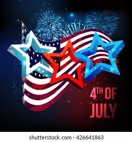 Glossy 3D Stars on waving American Flag, fireworks decorated background for 4th of July, Independence Day celebration.