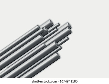 Glossy 3D steel pipe design. Industrial, metal pipelines manufacturing concept. Steel or aluminum pipes of various diameters isolated on a white background. Vector illustration, EPS 10.